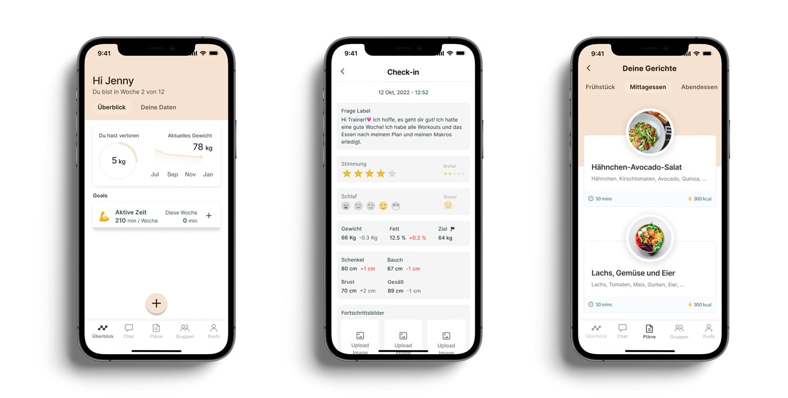 Ein Mockup der Coaching-App, das die verschiedenen Funktionen zeigt.